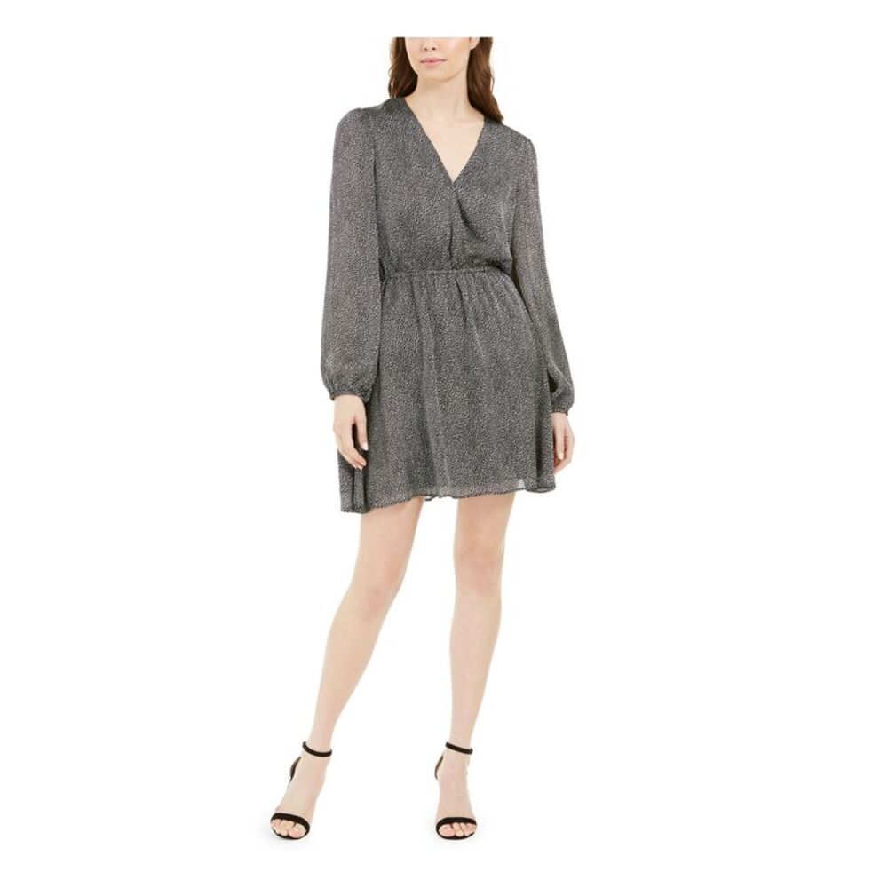 LEYDEN Womens Black Printed Long Sleeve V Neck Short Dress XL